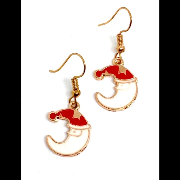 Christmas Santa Claus Crescent Moon Red White Enamel Gold Tone Dangle Earrings - Picture 3 of 5
